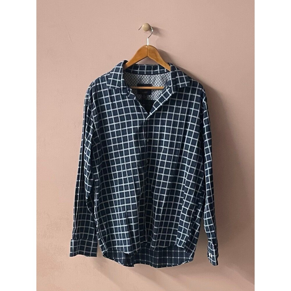 Egara Men's Navy Blue and White Grid Pattern Button-Front Shirt Size XL